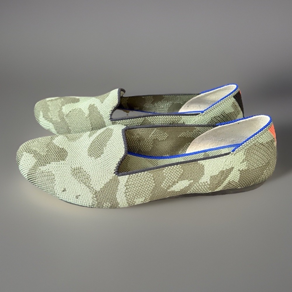 Rothy's Greenβ Camo Knit Round Toe Flats Shoes Women 7.5 Orange Black Stripe